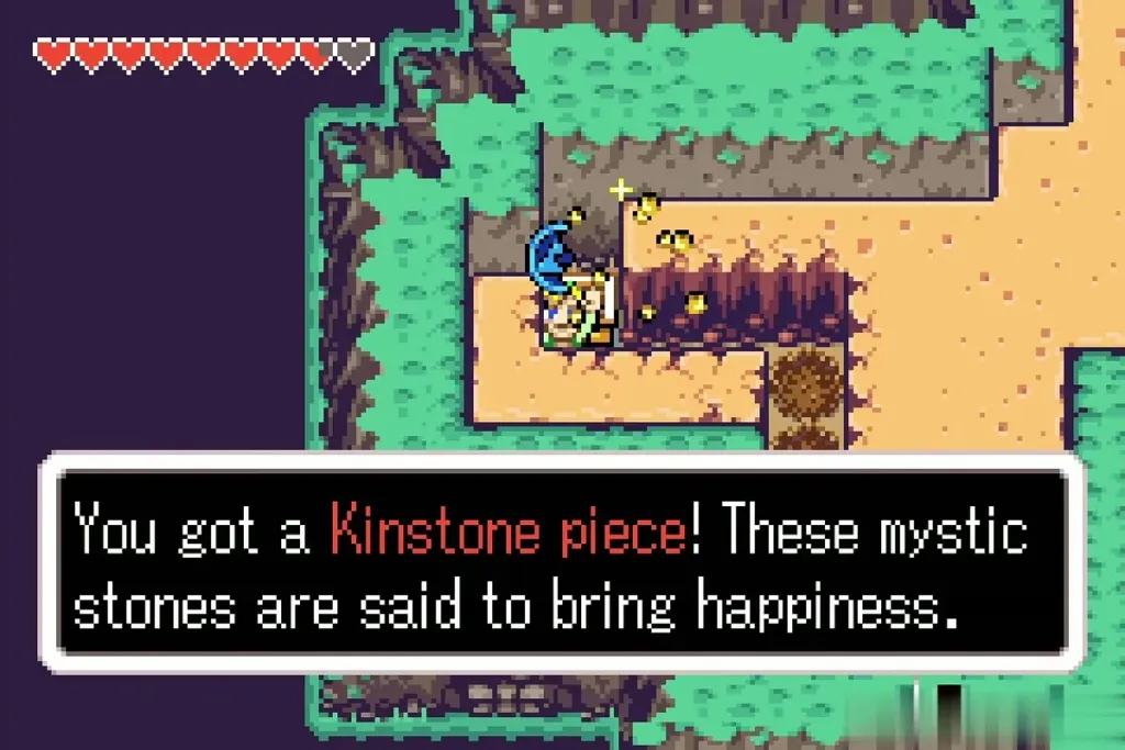 Link holding up a blue Kinstone piece with the item message shown Link holding up a blue Kinstone piece with the item message shown