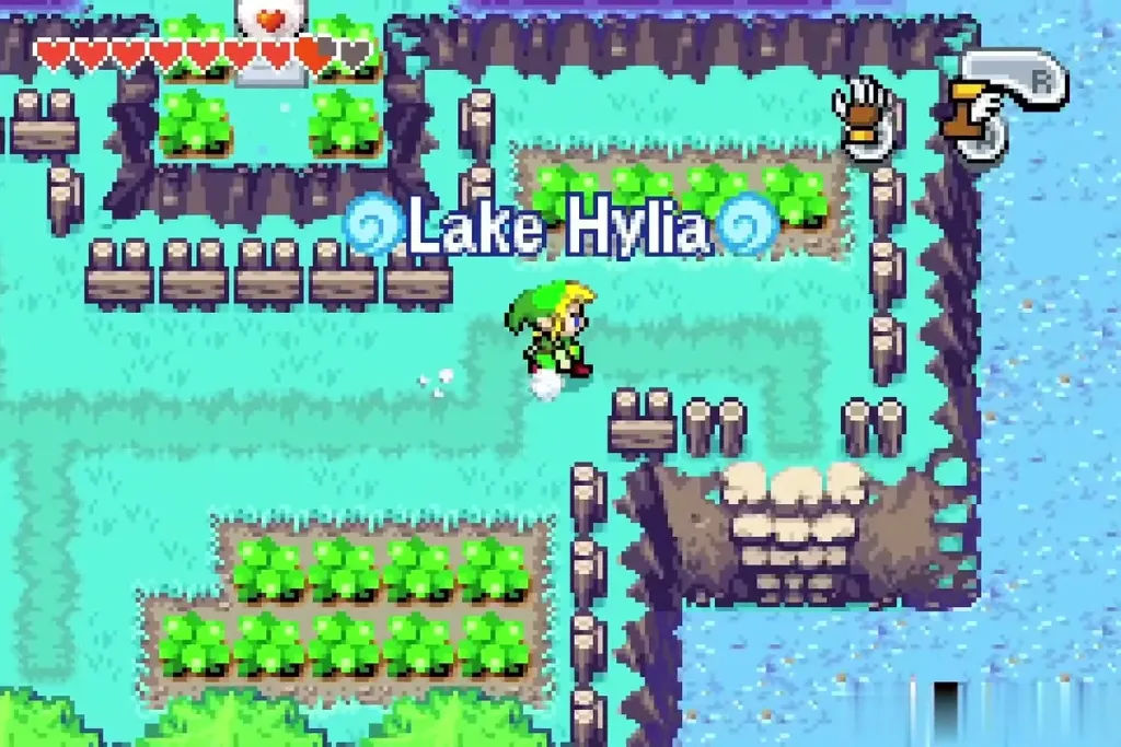 Link in the Lake Hylia area with the area name shown Link in the Lake Hylia area with the area name shown