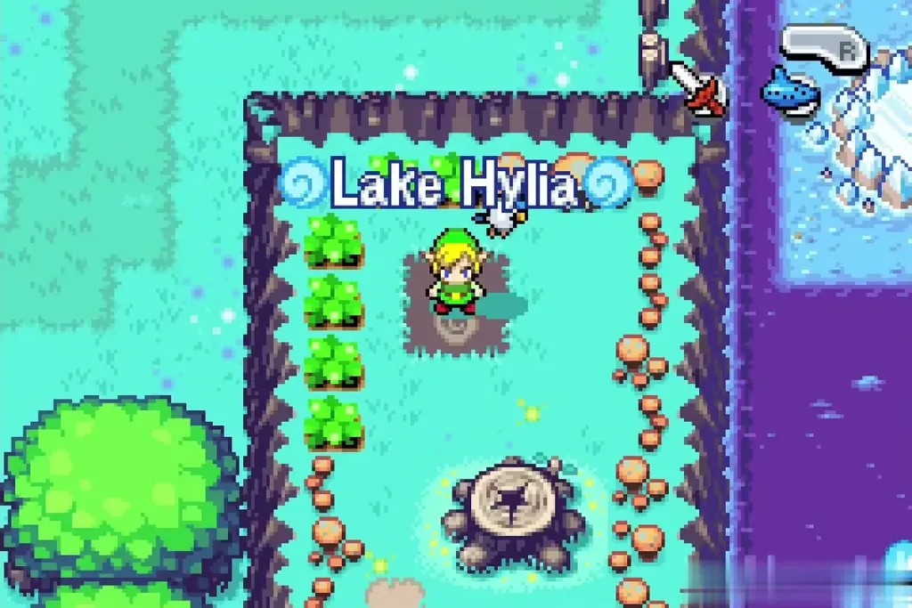 Link arriving at the Lake Hylia Wind Crest beside a tree stump Link arriving at the Lake Hylia Wind Crest beside a tree stump