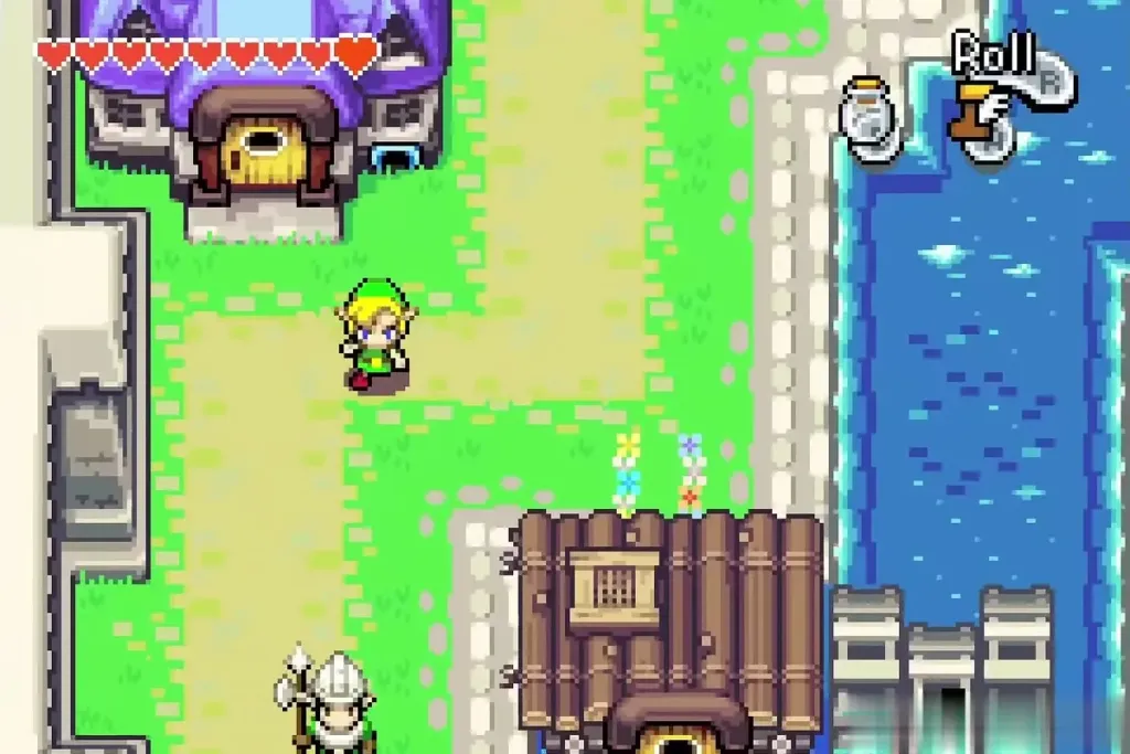 Link leaving Dr. Left's purple house and heading into town Link leaving Dr. Left's purple house and heading into town