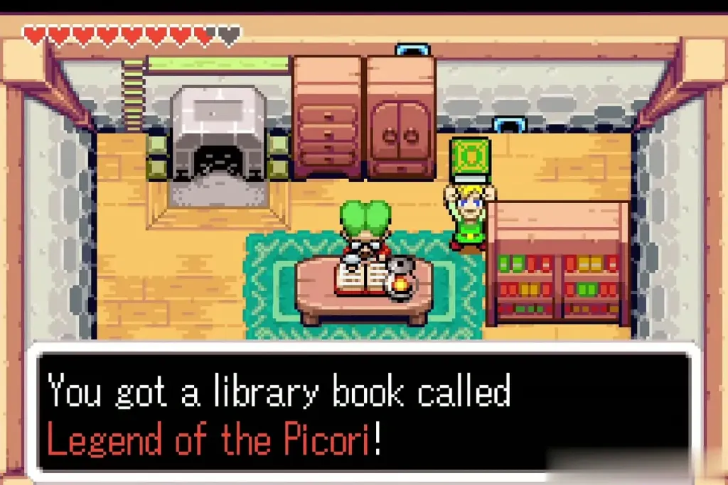 Link holding up Legend of the Picori with the item message fully shown Link holding up Legend of the Picori with the item message fully shown
