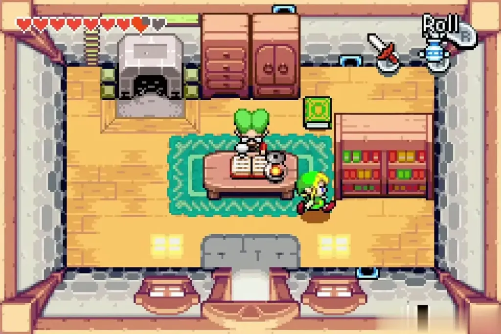Link walking up to the green book in Dr. Left's house Link walking up to the green book in Dr. Left's house