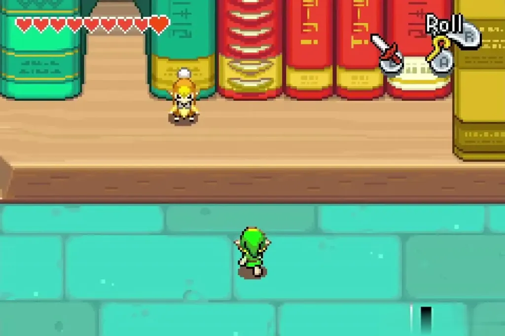 Minish-size Link walking inside the library bookcase Minish-size Link walking inside the library bookcase