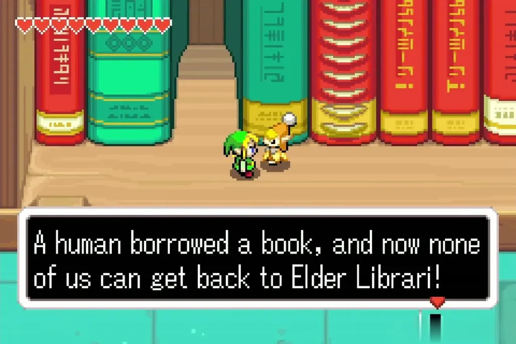 A Minish on the shelf saying a human borrowed a book A Minish on the shelf saying a human borrowed a book