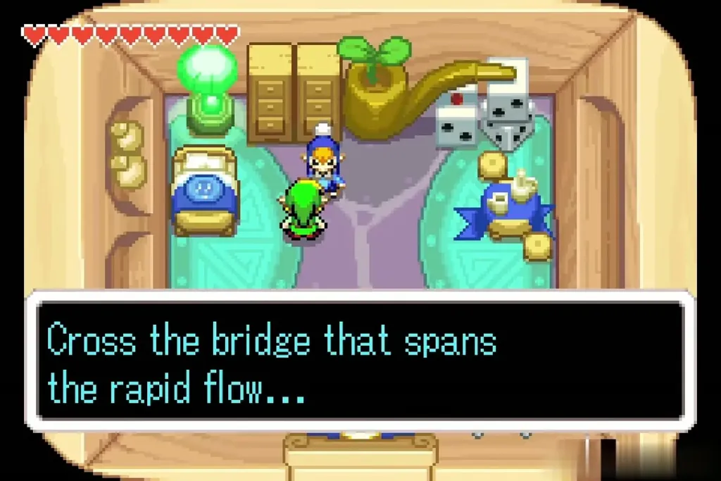 The Minish giving a riddle about crossing the bridge over the rapid flow The Minish giving a riddle about crossing the bridge over the rapid flow