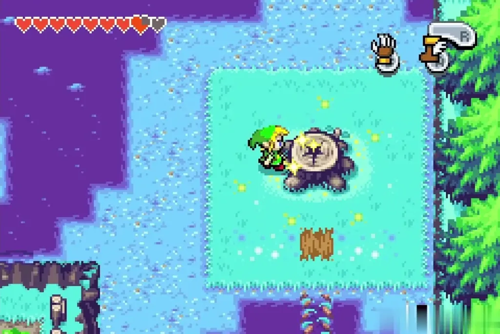 Link standing beside the Minish Portal that replaced the odd tree Link standing beside the Minish Portal that replaced the odd tree