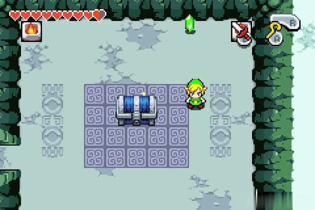 Link beside a chest that has appeared in a stone cave room Link beside a chest that has appeared in a stone cave room