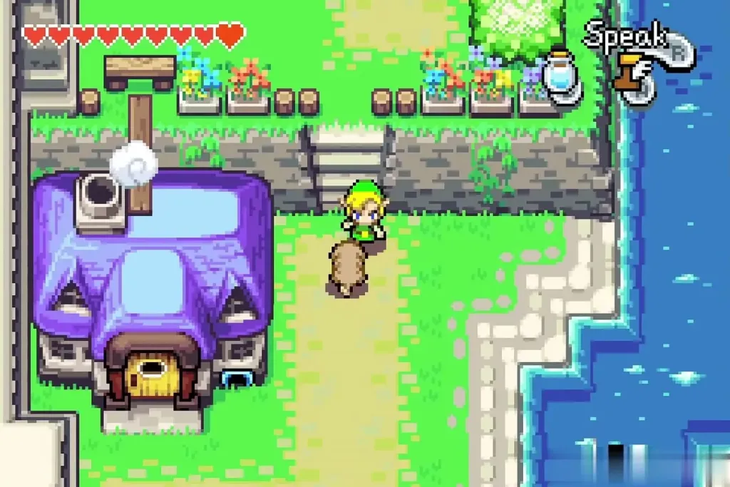 Link walking up to the purple-roofed house at the west edge of town Link walking up to the purple-roofed house at the west edge of town