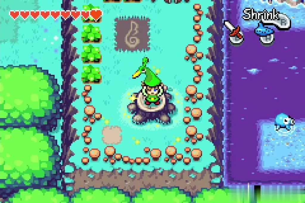 Link standing on the stump about to shrink at the Minish Portal Link standing on the stump about to shrink at the Minish Portal