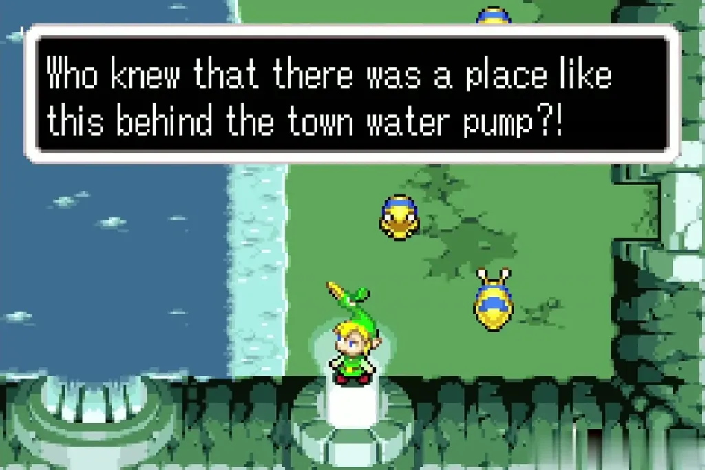 Link at the water-pump cave entrance with bees ahead Link at the water-pump cave entrance with bees ahead