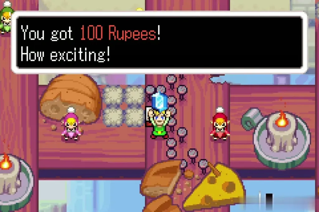Link holding up a blue rupee, message box reading You got 100 Rupees