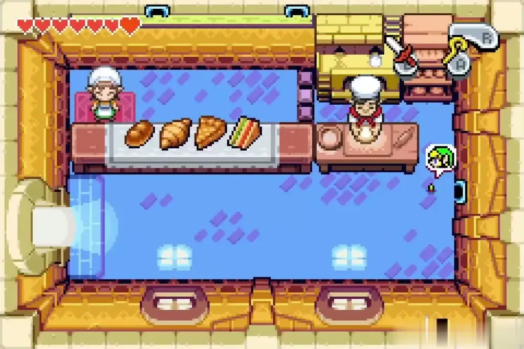 The baker and his wife in the bakery with Link at the portal