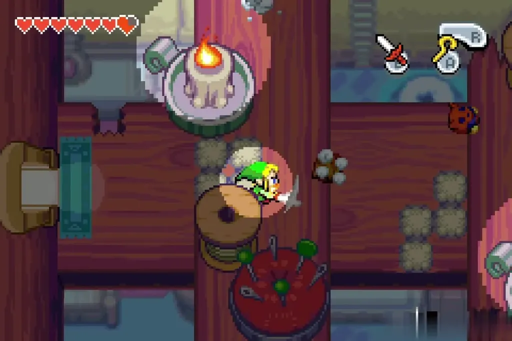 Link fighting along the wooden beams above the shops