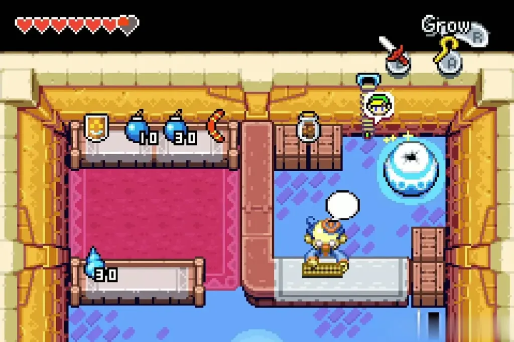Link arriving behind the counter in Stockwell's shop