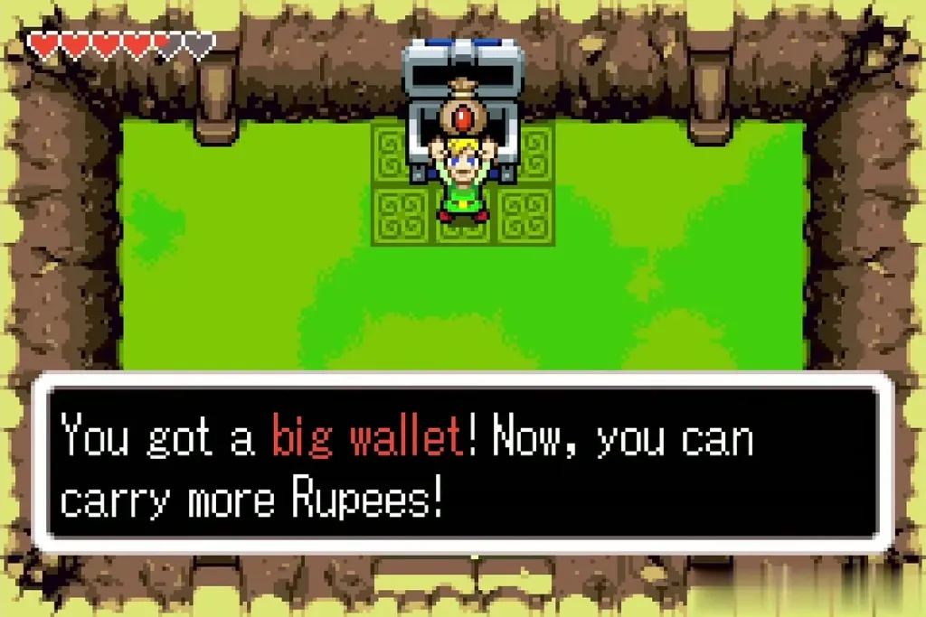 Link holding up a big wallet in the small room