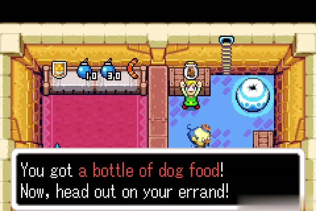 Link holding up a bottle of dog food, message box reading You got a bottle of dog food