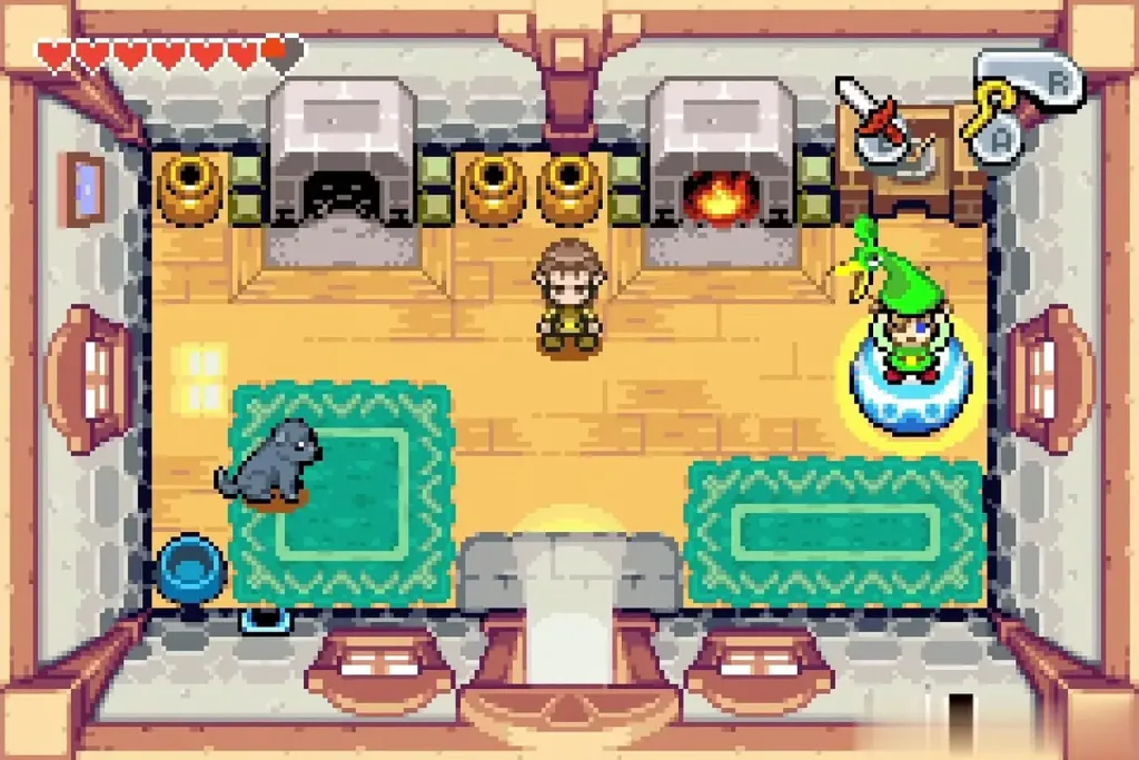 Link shrinking on the pot inside the small house with the dog