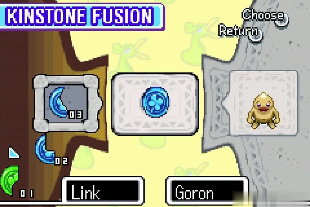Kinstone Fusion screen with Link, a blue piece and the Goron