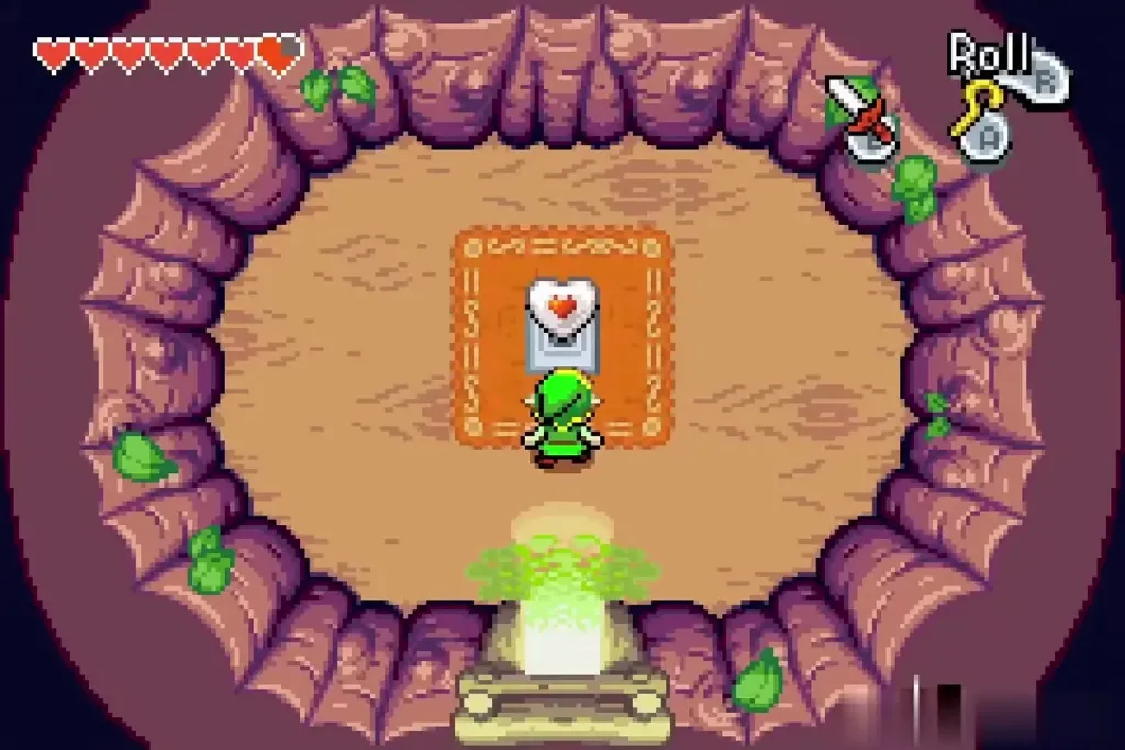 Link in front of the pedestal holding the Piece of Heart inside the hollow tree