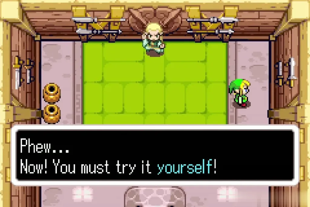 Link beside the row of pots in the dojo after the demonstration