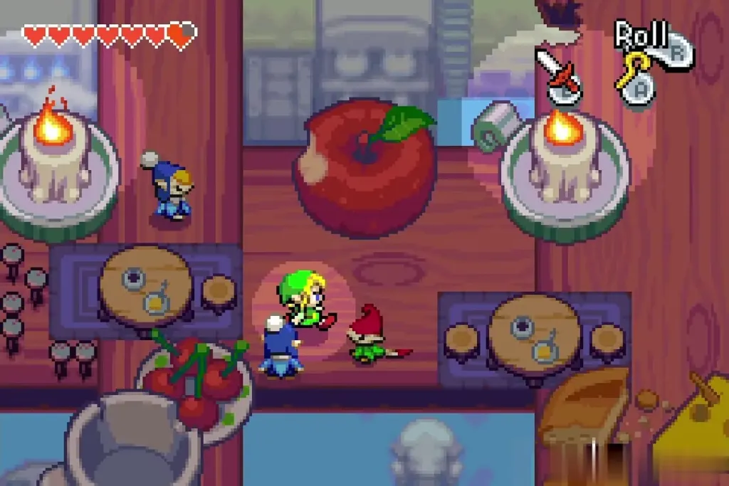 Minish-size Link among giant cafe tables and a huge apple