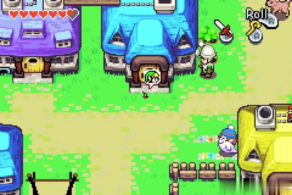 Minish-size Link stepping out of the front door in Hyrule Town