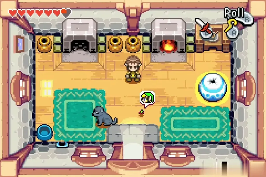Minish-size Link speaking with the dog on the house rug