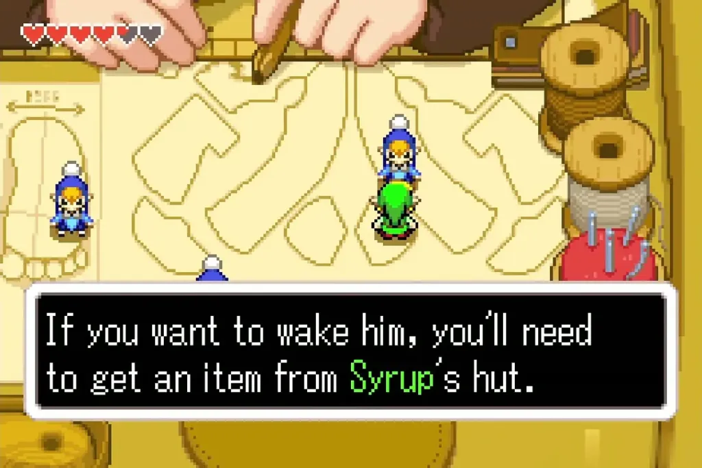 Minish say to get an item from Syrup's hut to wake Rem