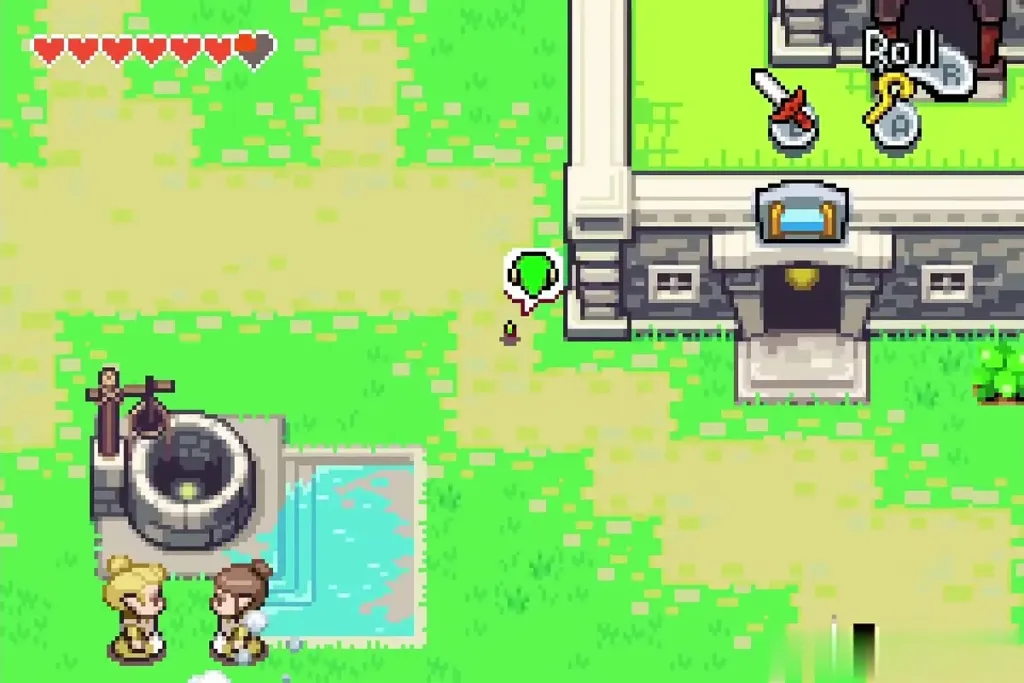 Minish-size Link walking north-west past the well in town
