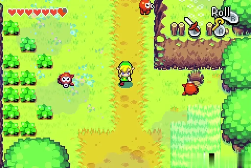 Link walking the dirt path in North Hyrule Field towards the hollow tree