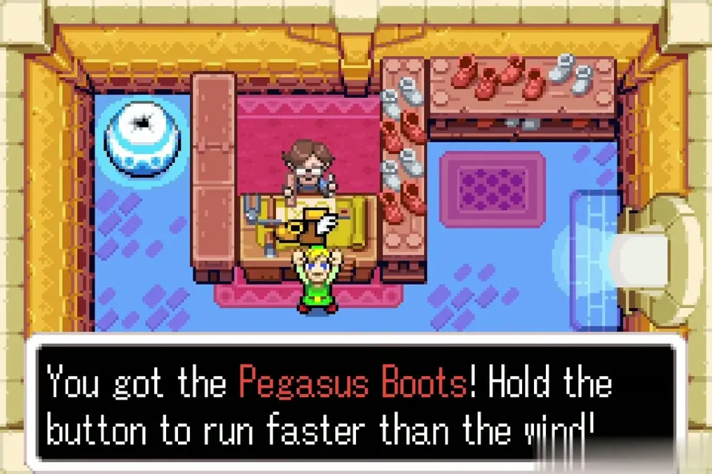 Link holding up the Pegasus Boots in Rem's shop