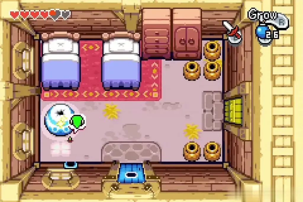 Minish-sized Link inside the ranch house bedroom