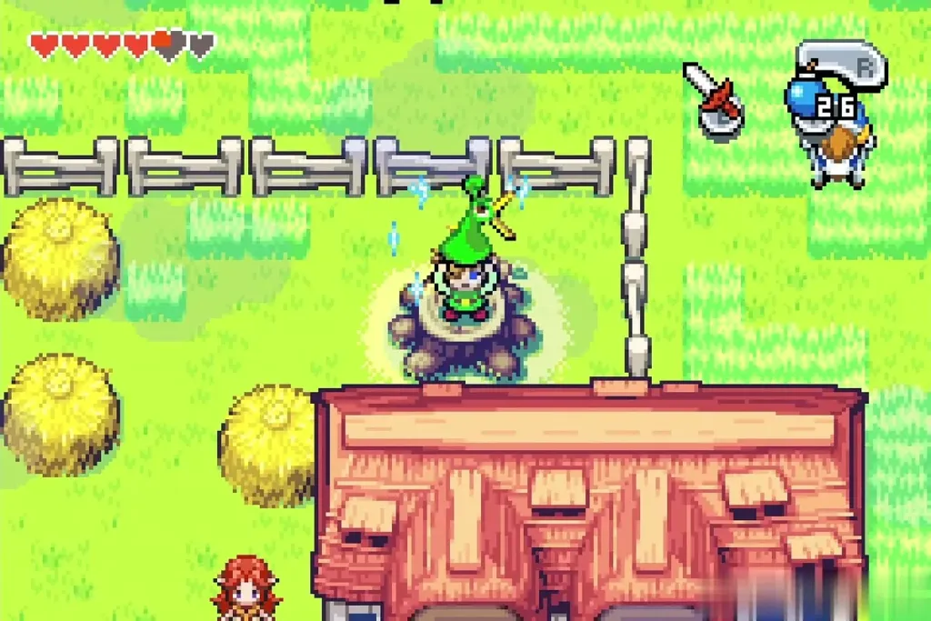 Link shrinking on the tree stump beside Talon's house