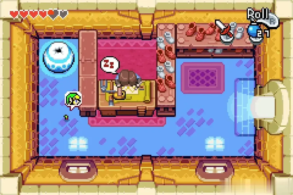 Tiny Minish-sized Link standing in Rem's shop