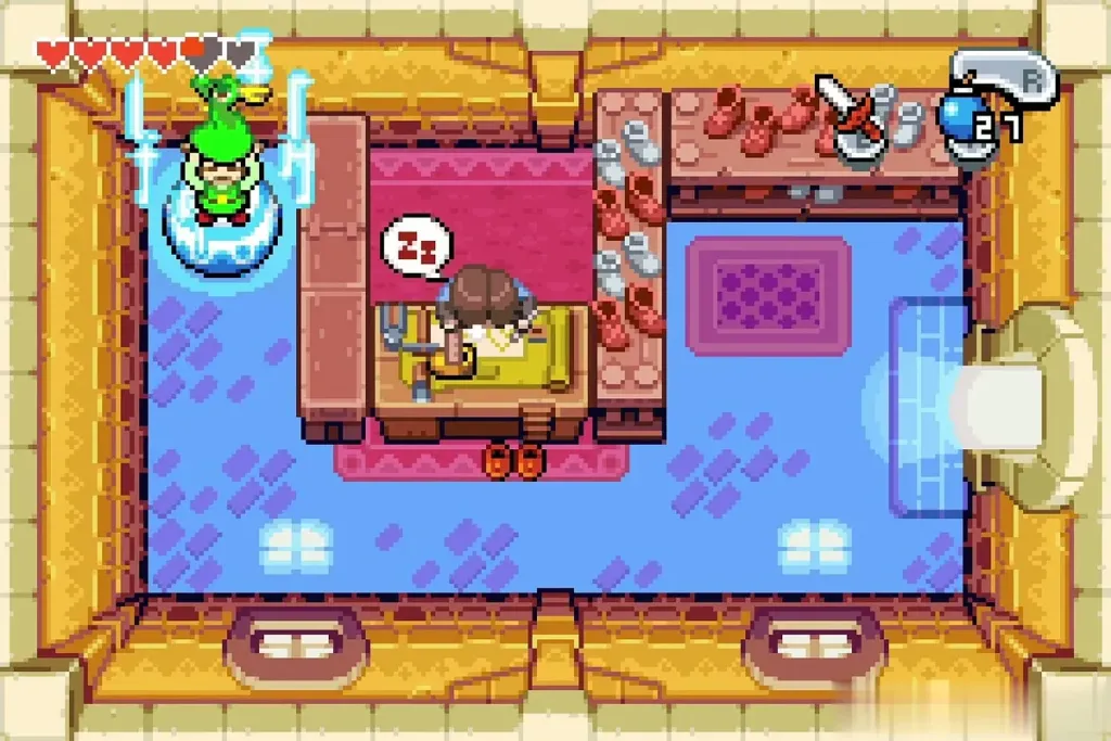 Link steps onto the glowing pot by the left wall of the shop
