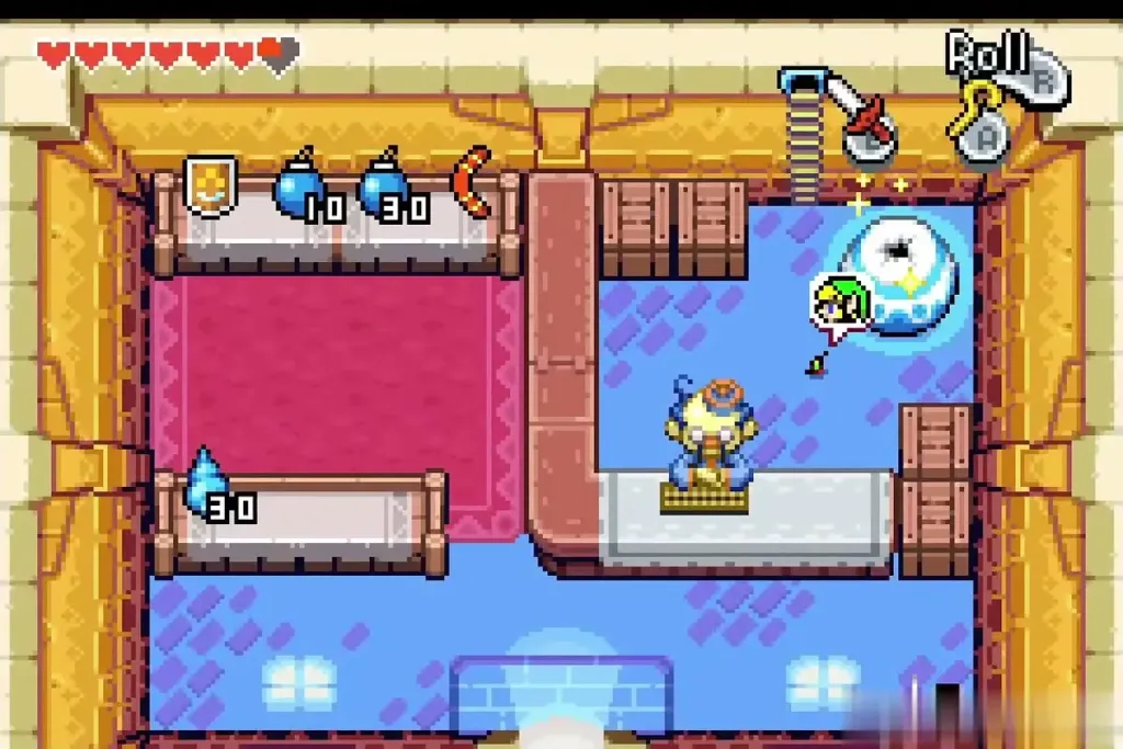 Link stepping on the pot beside Stockwell's counter