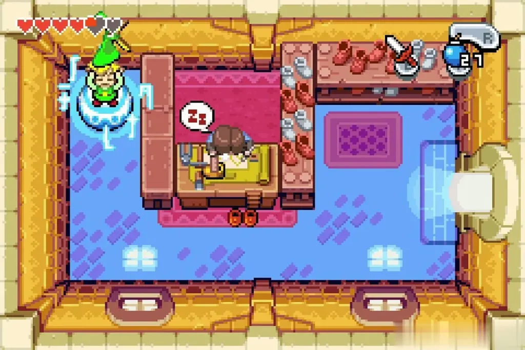 Link shrinking at the Minish Portal pot in Rem's shop