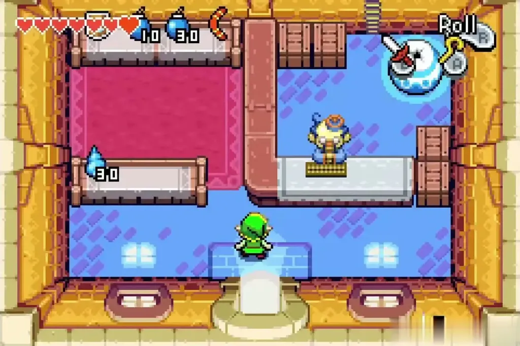 Link stepping into Stockwell's shop towards the counter