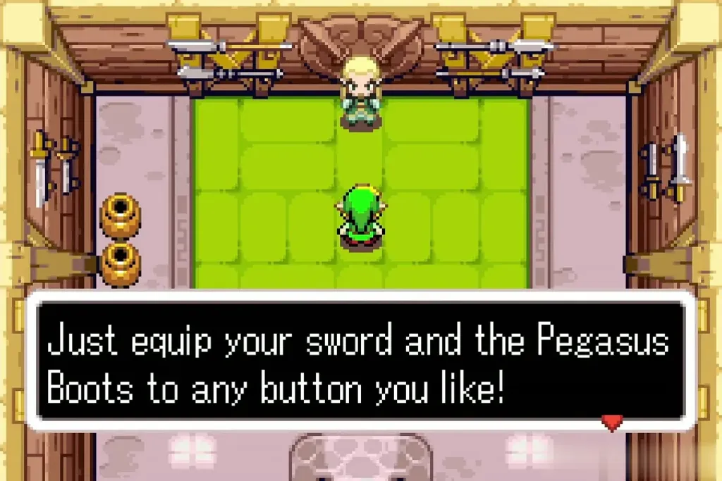 Swiftblade telling Link to equip his sword and the Pegasus Boots