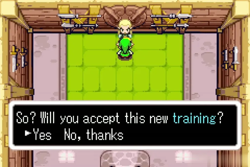 Swiftblade in his dojo offering Link the new Rock Breaker training