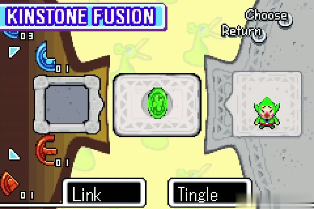 Kinstone Fusion screen with Link, a green piece and Tingle