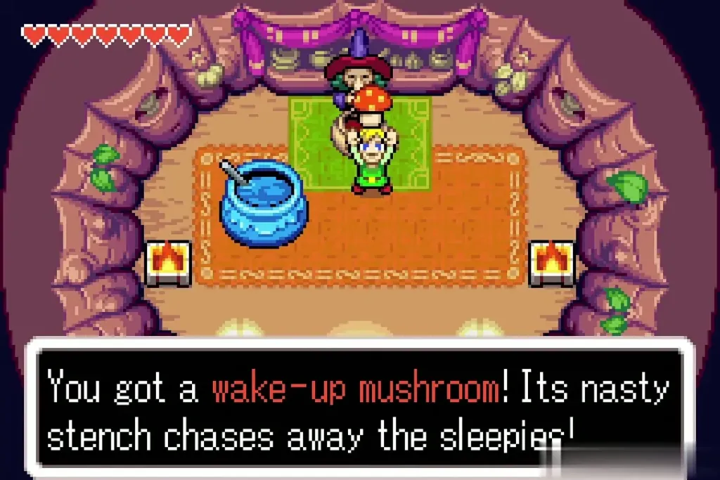 Link holding up the wake-up mushroom in Syrup's hut