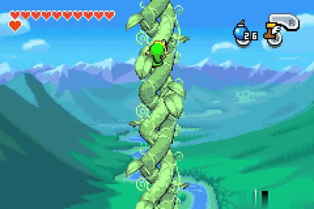 Link climbing the tall beanstalk above the valley Link climbing the tall beanstalk above the valley
