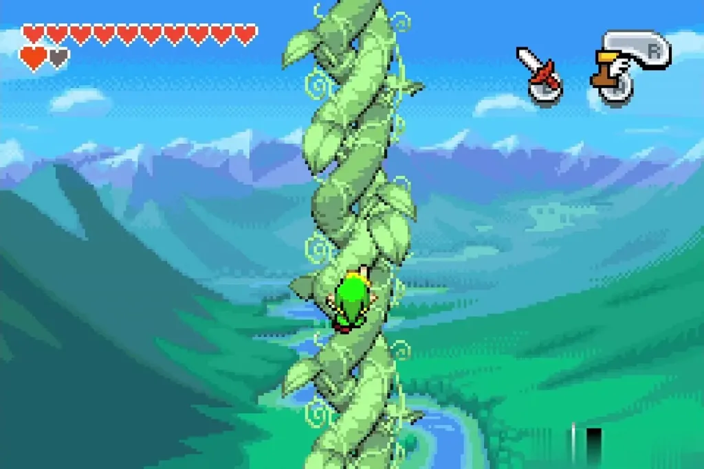 Link climbing the beanstalk high above the valley Link climbing the beanstalk high above the valley