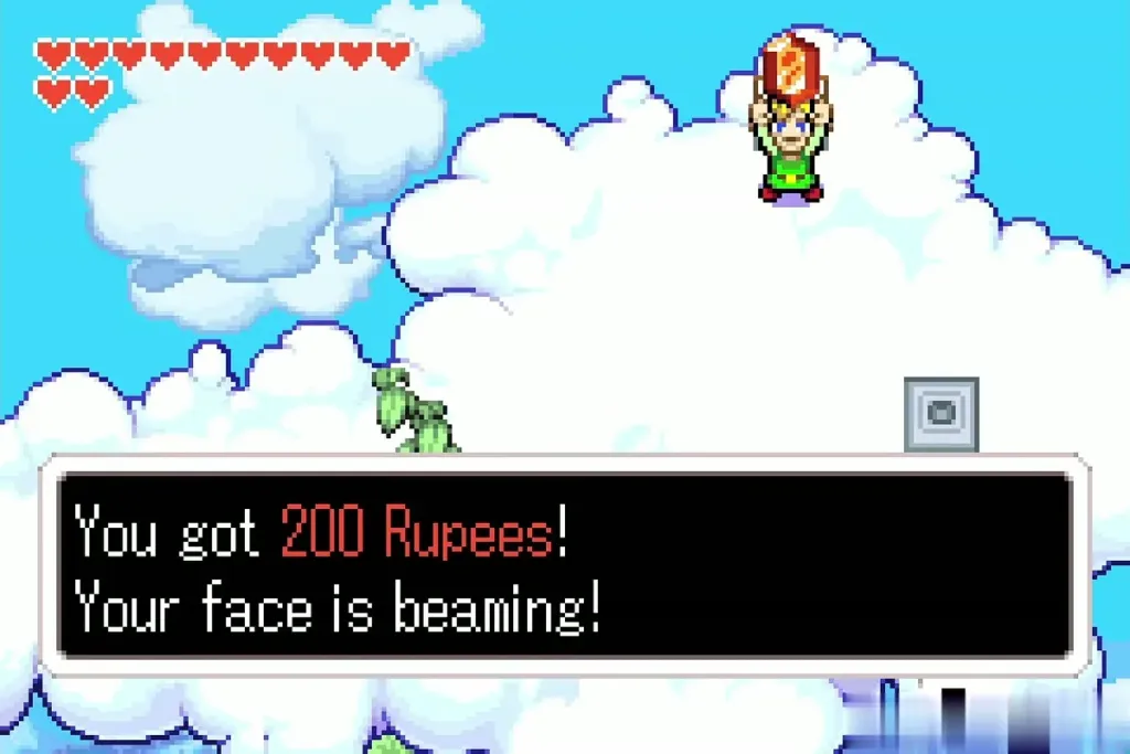 Link holding up 200 Rupees from the chest on the cloud Link holding up 200 Rupees from the chest on the cloud