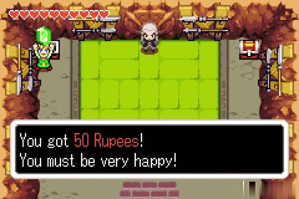 Link holding up a 50 rupee gem after opening the dojo chest Link holding up a 50 rupee gem after opening the dojo chest
