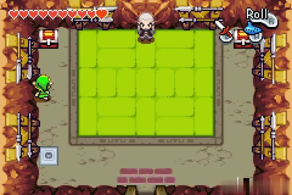 Link walking toward the chest in the corner of the dojo hall Link walking toward the chest in the corner of the dojo hall
