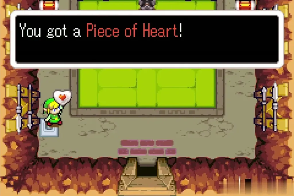 Link holding a Piece of Heart in Grayblade's dojo hall Link holding a Piece of Heart in Grayblade's dojo hall