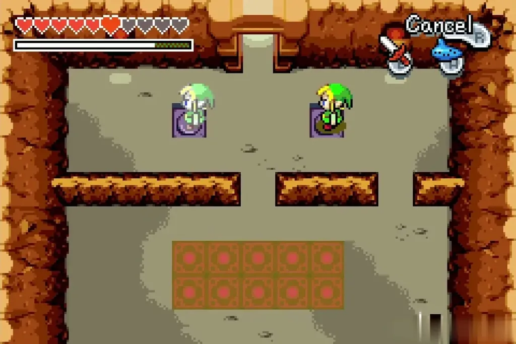 Split Links standing on the coloured switches in the dojo puzzle room Split Links standing on the coloured switches in the dojo puzzle room