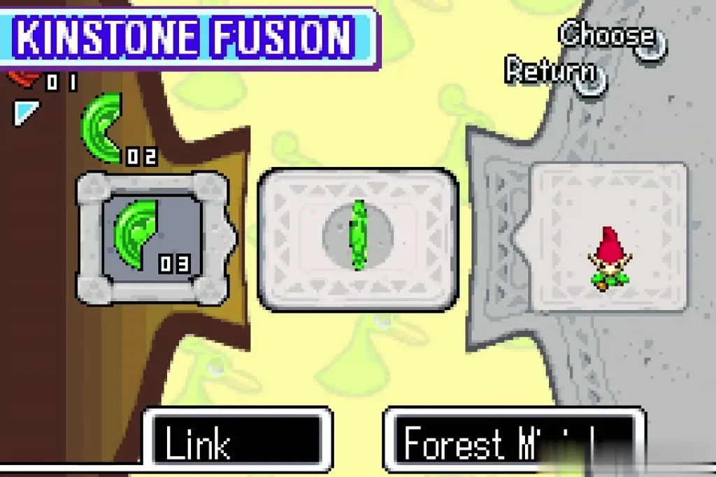 A second green Kinstone fusing with the Forest Minish's piece on the fusion screen A second green Kinstone fusing with the Forest Minish's piece on the fusion screen